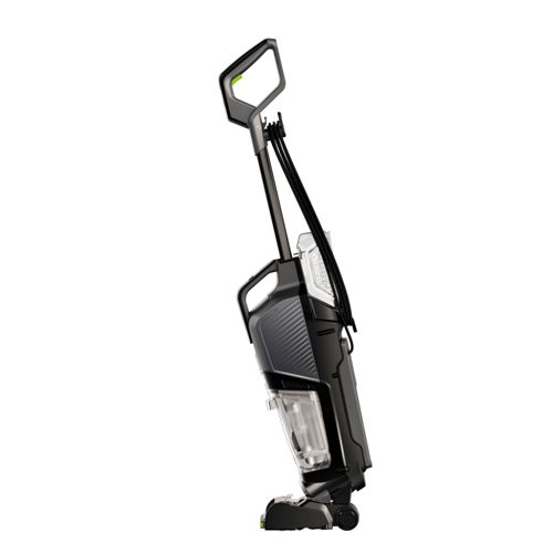 Un pulitore per pavimenti nero e grigio con accenti verdi, mostrato di lato.