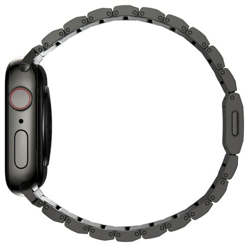 Reloj inteligente gris con correa de eslabones, vista lateral.