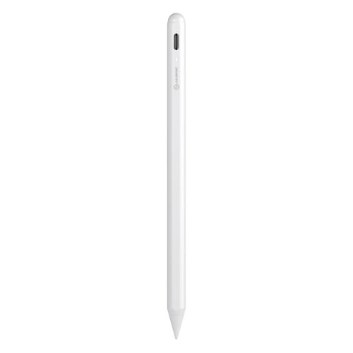 A white stylus with a sleek design and pointed tip, on a white background.