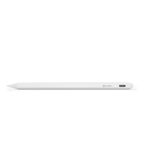 A white stylus with a pointed tip and charging port.