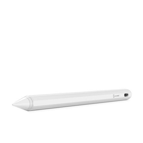 A white stylus with a pointed tip and a logo.