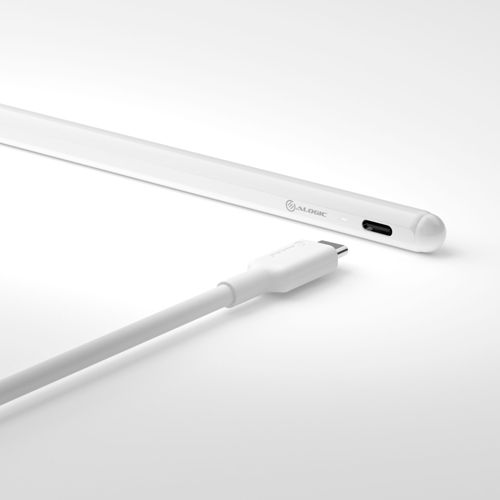 A white stylus with a USB-C port and a white USB-C cable.