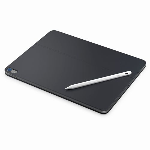 A dark tablet with a stylus on top, set against a white background.