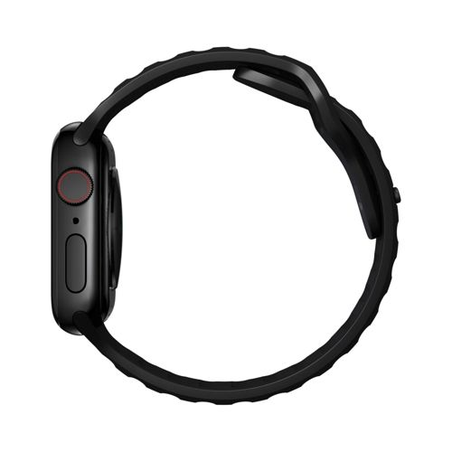 Reloj inteligente negro con correa texturizada, vista de perfil.