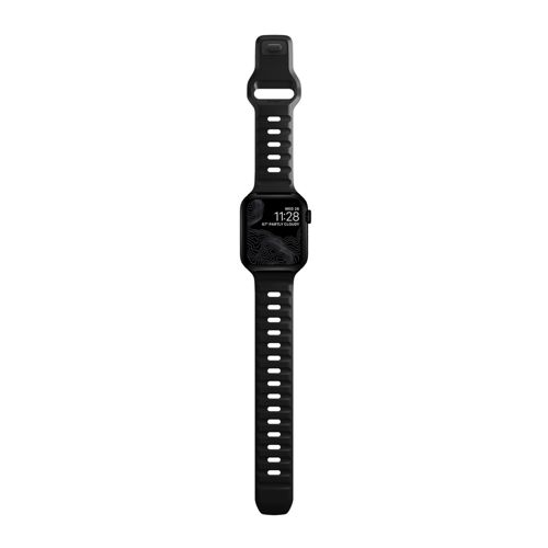 Un reloj inteligente negro con esfera de topografía y hora digital 11:28.