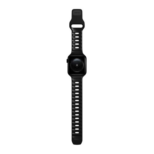 Reloj inteligente negro con lente circular en la parte trasera y correa perforada.
