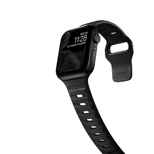 Reloj inteligente negro con correa negra y patrón topográfico en pantalla.