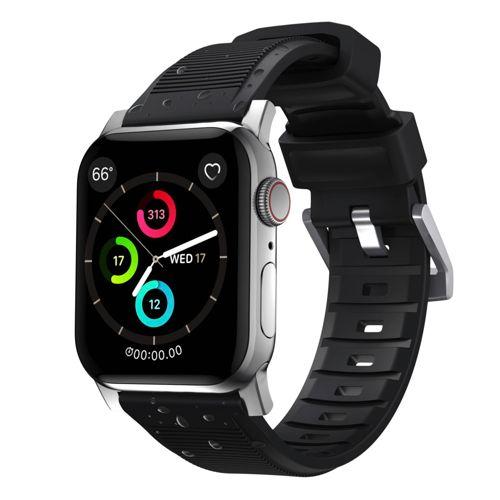 Reloj inteligente plateado con banda negra texturizada muestra 66°, corazón, 313, 17, 12, MIÉ 17, 00:00:00.