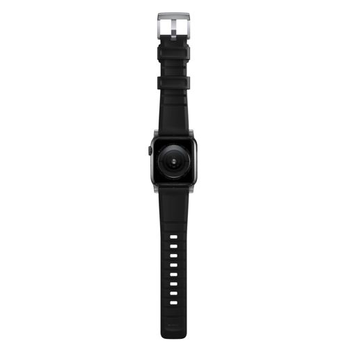 Reloj inteligente negro con hebilla plateada y cámara trasera.