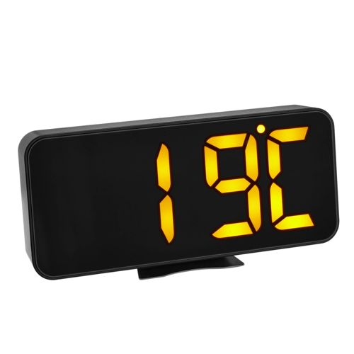 Ein schwarzer digitaler Wecker mit gelben Ziffern, der 19°C anzeigt.