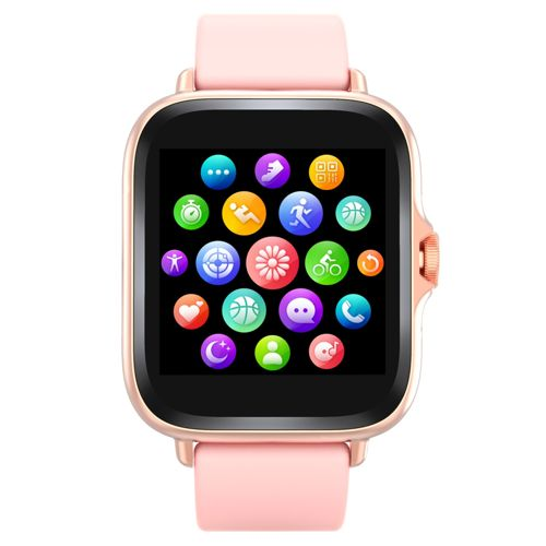 Une montre connectée rose avec un cadre or rose affiche des icônes d'applications colorées.