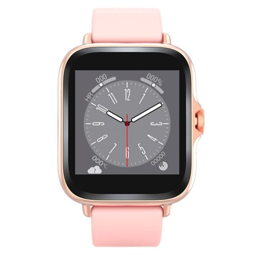 Une montre connectée rose avec un cadran gris et des aiguilles blanches.