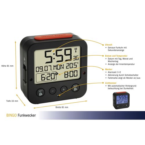 Ein schwarzer digitaler Wecker mit roten Tasten und Display zeigt Zeit, Datum und Temperatur.