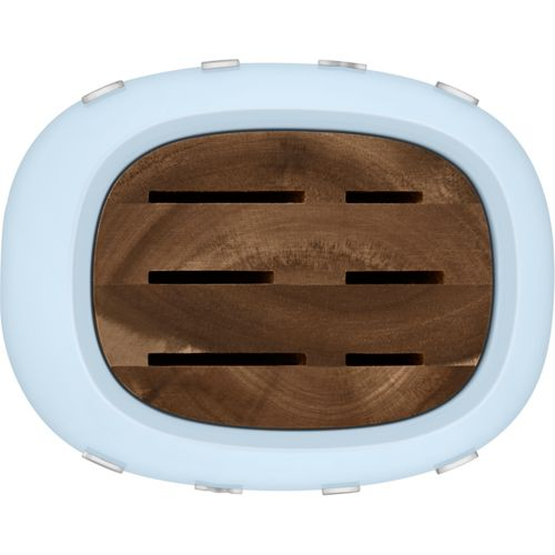 Carcasa azul claro con inserto de madera ranurada para cuchillos.