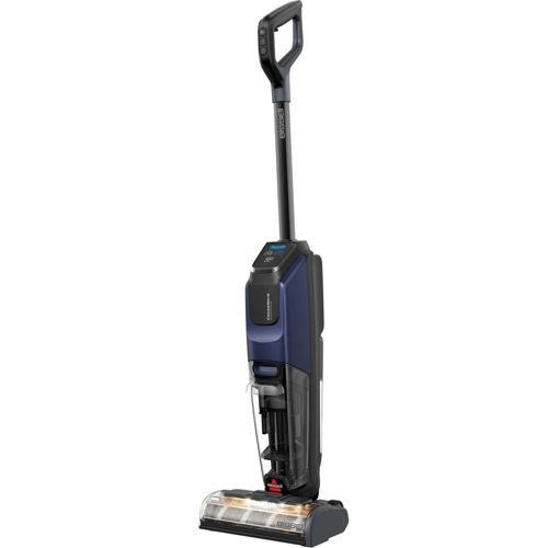 Un aspirapolvere bagnato/asciutto blu e nero con manico e display digitale.