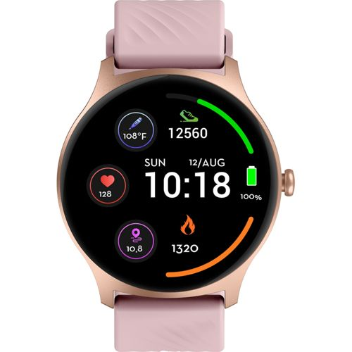 Een roze smartwatch met op het scherm de tijd, datum, hartslag, stappen en temperatuur.