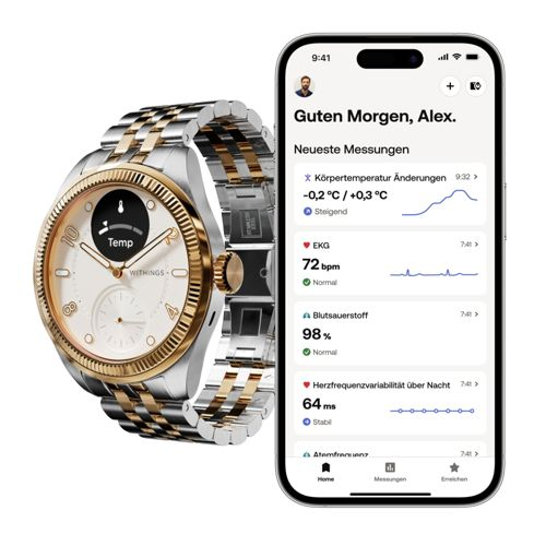 Uno smartwatch argento e oro accanto a uno smartphone che mostra dati sanitari.