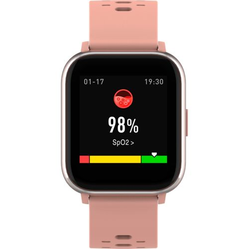 A pink smartwatch displays 98% SpO2 on its screen.