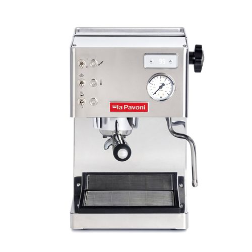 Eine silberne La Pavoni Espressomaschine mit einem Manometer und Knöpfen.