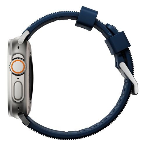 Reloj inteligente gris con banda azul y corona naranja.