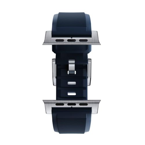 Una correa de reloj azul oscuro con conectores y hebilla plateados.