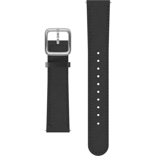 Schwarzes Lederarmband mit Metallschnalle und Lochung für eine Uhr.