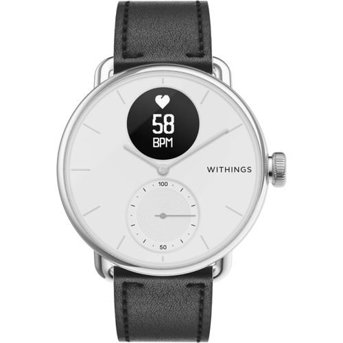 Eine silberne Smartwatch mit schwarzem Lederarmband zeigt 58 BPM und ein Herzsymbol.