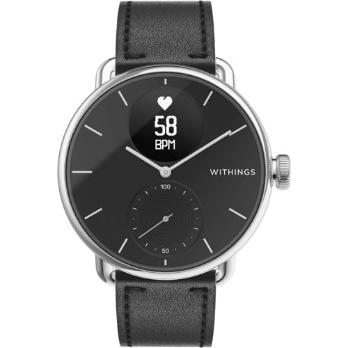 Eine schwarze Smartwatch mit Lederarmband und Herzfrequenzanzeige.
