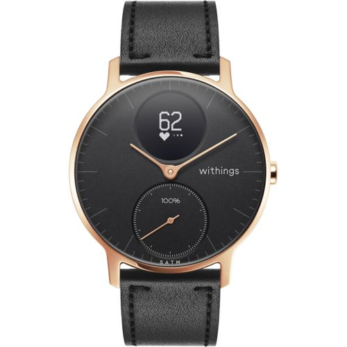 Eine Roségold-Analog-Uhr mit schwarzem Zifferblatt, zeigt Herzfrequenz 62 und 100 %.