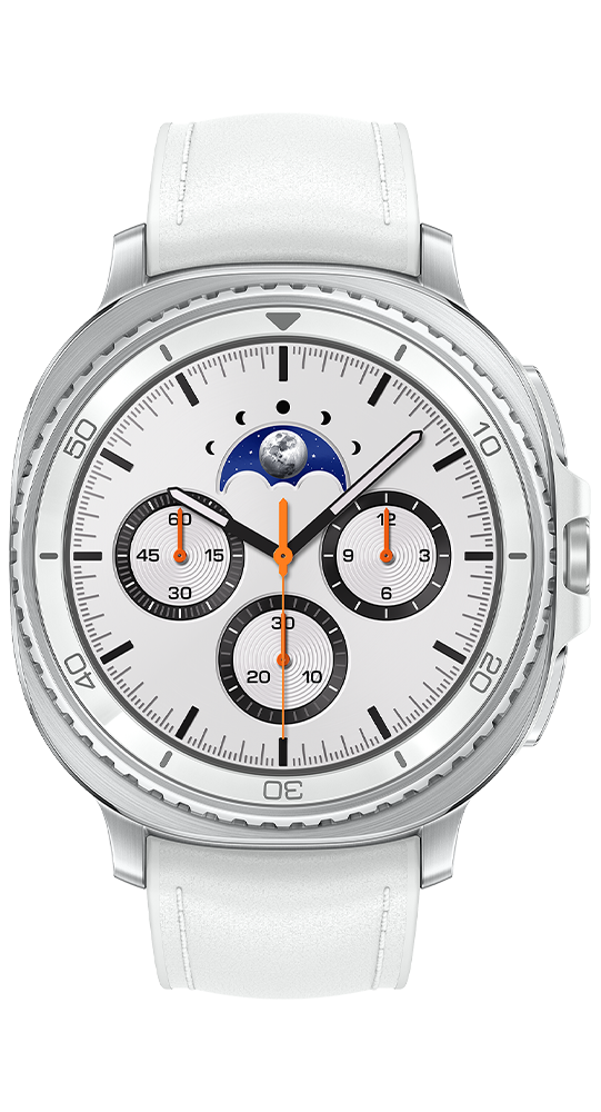 Orologio da polso bianco con cassa argentata, display delle fasi lunari e tre quadranti secondari.