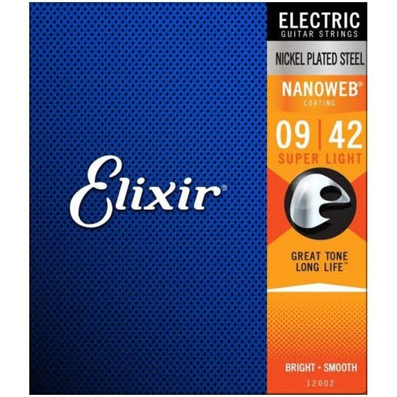 Elixir elektro gitar teli, nikel kaplama çelik, Nanoweb kaplama, 09 42 Süper Hafif.