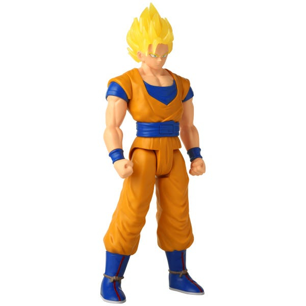 Figura de acción de Goku con pelo amarillo, traje naranja, camiseta azul y botas azules.