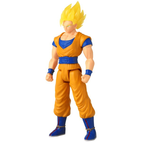 Una figura de acción de Goku con pelo amarillo, traje naranja y detalles azules.