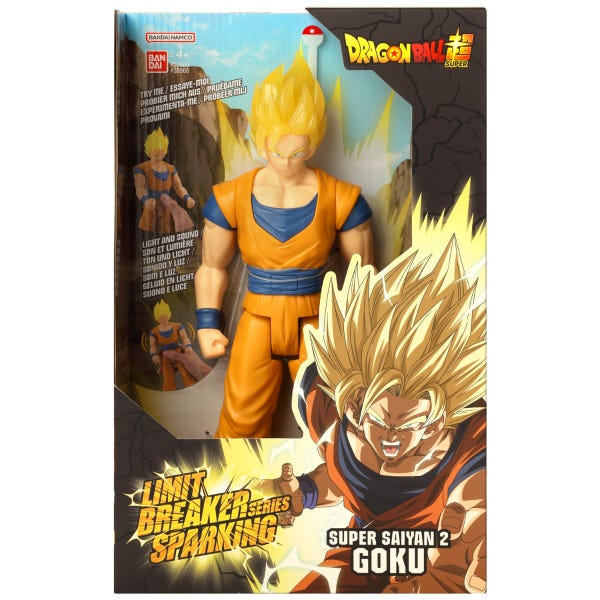 Dragon Ball Super: Figura de acción de Goku en caja. Pelo amarillo, traje naranja.