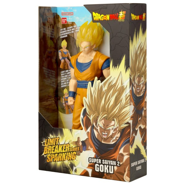 Figura de acción de Goku Super Saiyan 2 de Dragon Ball en caja. Pelo amarillo, traje naranja.