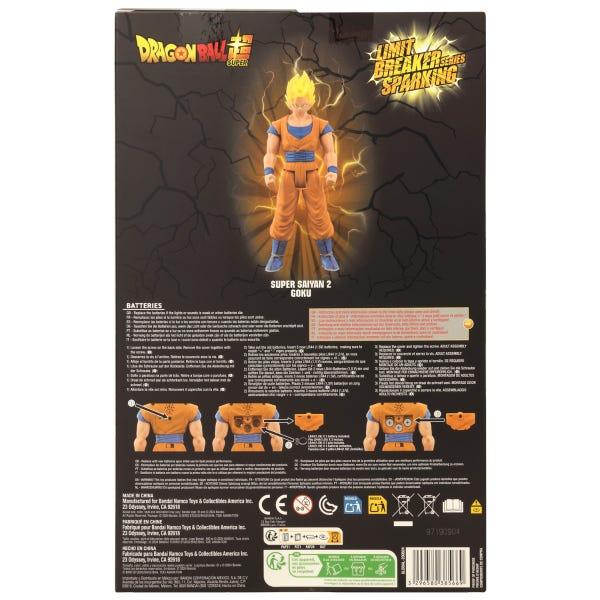 Parte trasera de una caja de figura de acción de Dragon Ball Super con Goku.