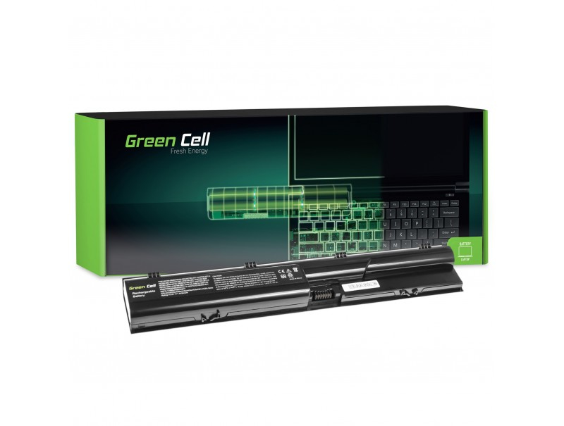 Ein schwarzer Laptop-Akku liegt vor seiner Green Cell-Verpackung, die einen Laptop zeigt.