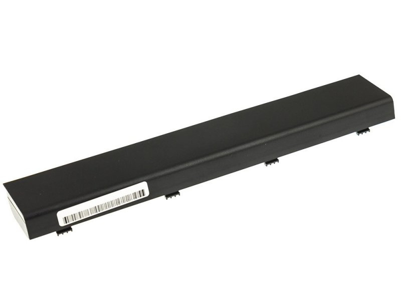 Ein schwarzer Laptop-Akku mit einem Barcode-Etikett liegt auf weißem Hintergrund.