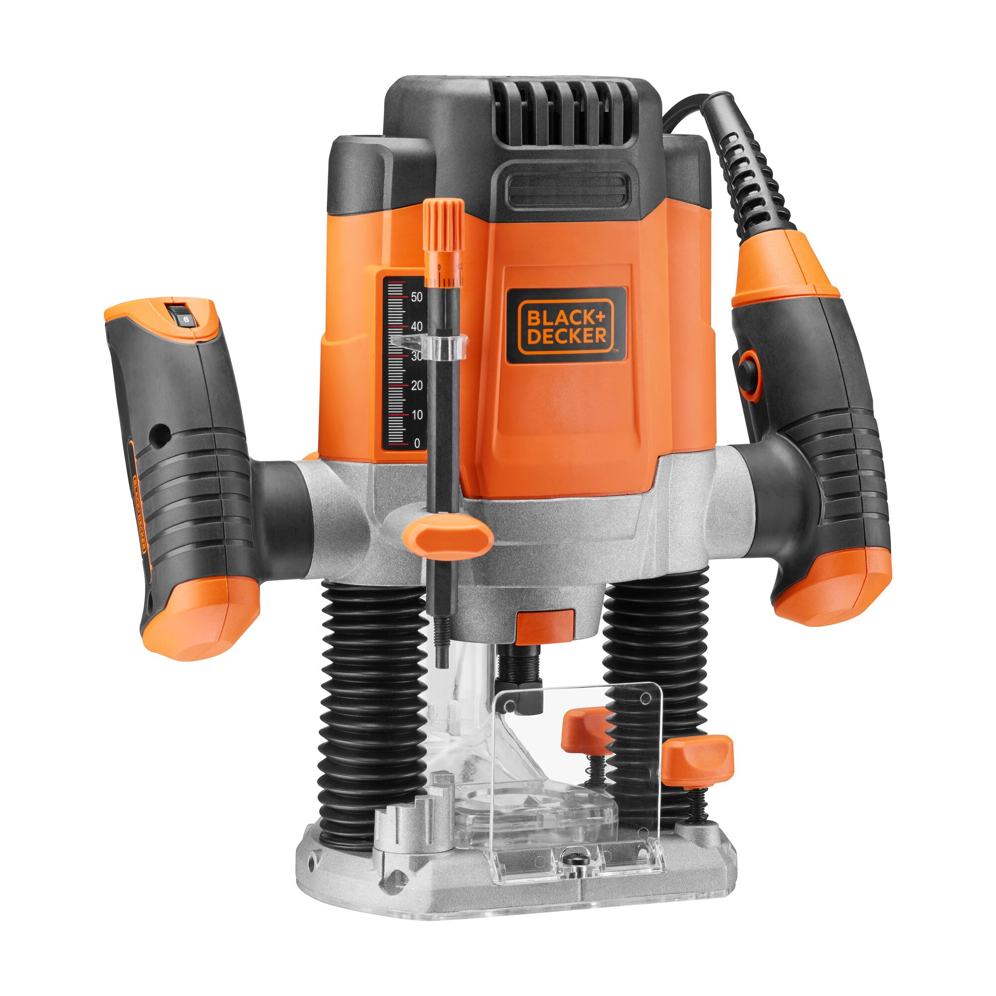 Fresadora Black and Decker con detalles naranjas y grises, sobre fondo blanco.