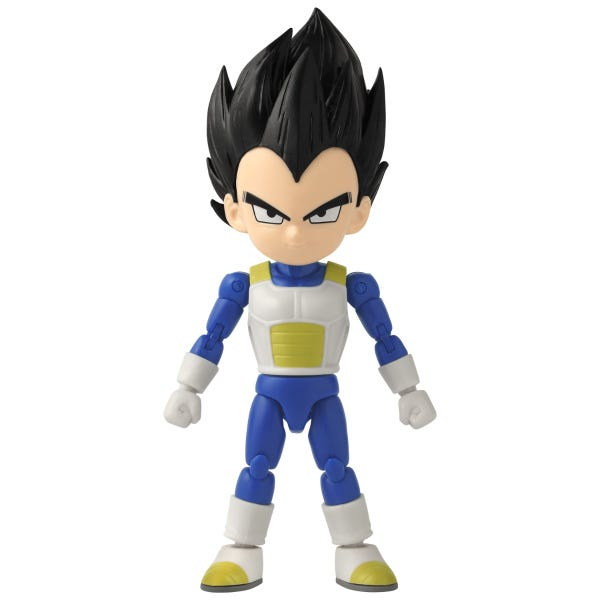Figura de acción de Vegeta con traje de batalla, armadura blanca en el pecho y mangas azules.