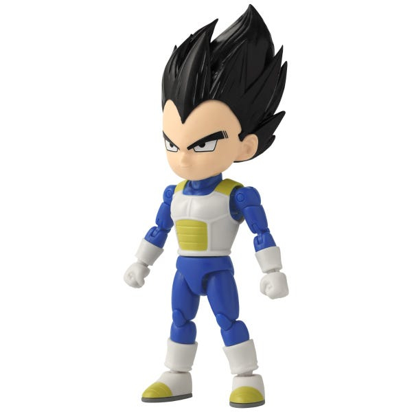 Una figura pequeña con pelo negro, traje azul y armadura blanca.