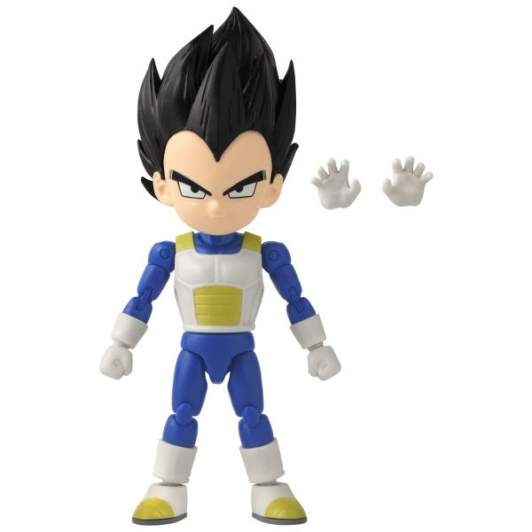 Figura de acción de Vegeta con pelo negro, traje azul y armadura blanca.