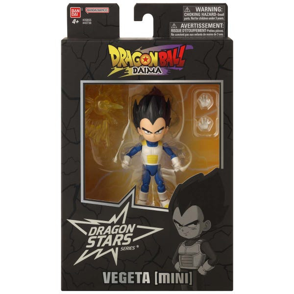 Figura de acción Vegeta Mini Dragon Ball Daima en caja con accesorios y advertencias.