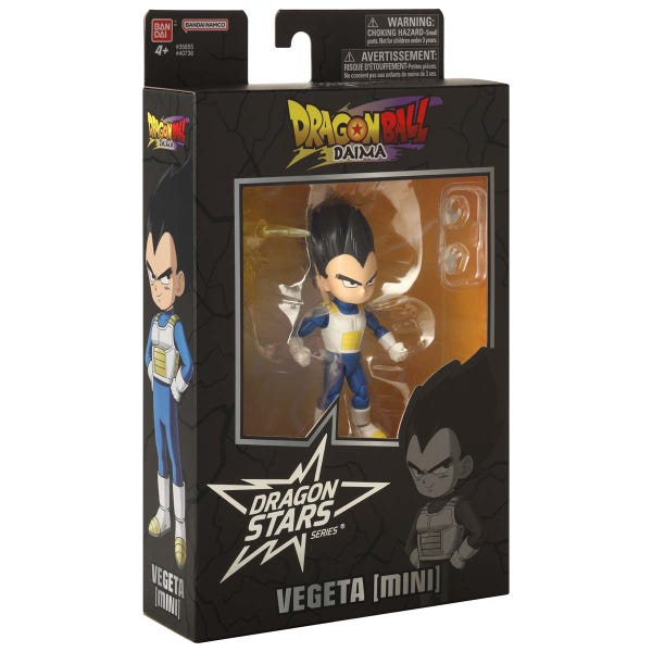Figura de acción mini Vegeta Dragon Ball Daima en caja con advertencias.