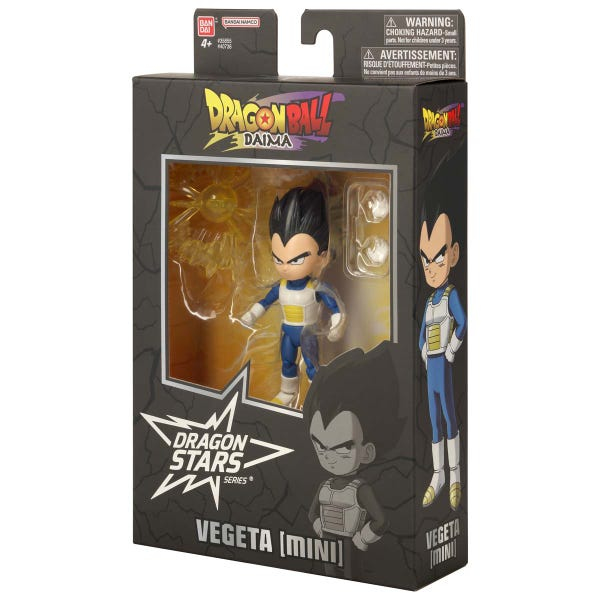 Figura de acción "Mini" Vegeta de Dragon Ball Daima en su empaque original.