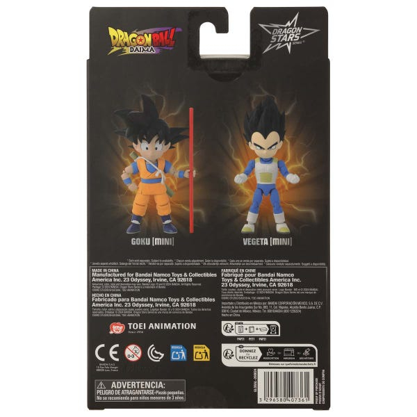 Embalaje con figuras mini de Goku y Vegeta, logo de Dragon Ball Daima.