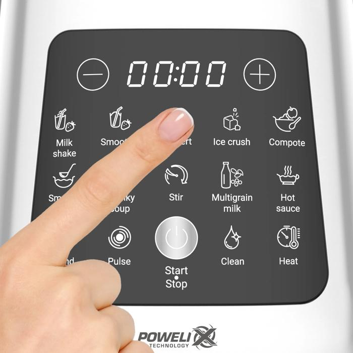 Een hand drukt op het bedieningspaneel van een blender met iconen voor diverse functies.