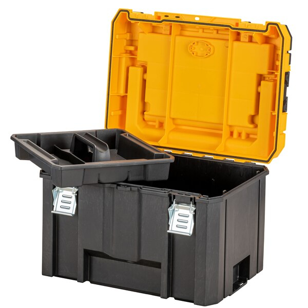 Caja de herramientas negra abierta con interior amarillo y bandeja negra extraíble.