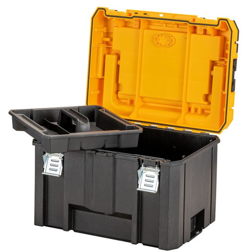 Caja de herramientas negra con tapa amarilla abierta y bandeja.