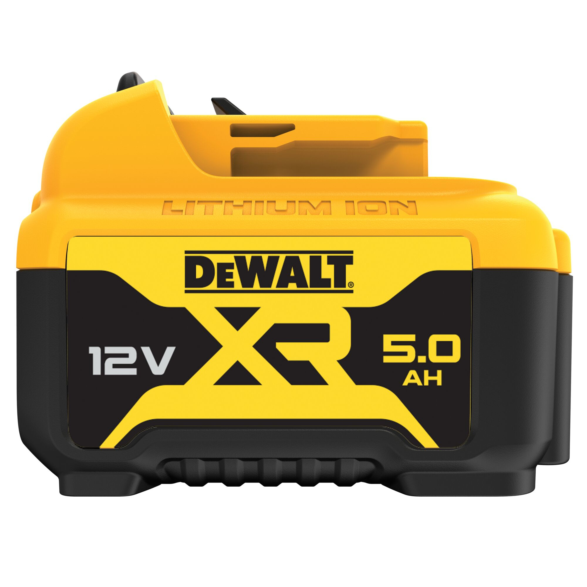 Żółta bateria litowo-jonowa DeWalt 12V 5.0Ah z czarnymi akcentami.